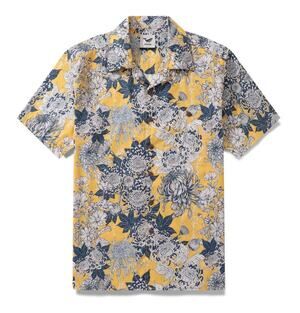 Yiume Men’s Hawaiian Camp Shirt XXL Yellow Blue Floral 100% Cotton Aloha